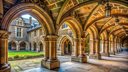 Naklejka premium Old stone walls and arches of a historic building with intricate carvings and ornate details, University Building, Old Walls