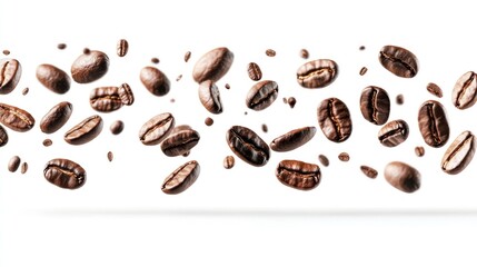 Obraz premium Coffee beans in mid-air, scattered across a white background