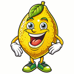 Cheerful Cartoon Lemon Character Waving and Walking with Green Shoes on Bright Green Background – Fun and Playful Citrus Mascot for Food, Branding & Design