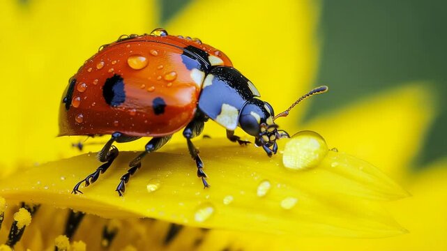 Vibrant Ladybug with Water Droplets Crawls on Yellow Flower Petal Close Up, Showcasing Insect Beauty