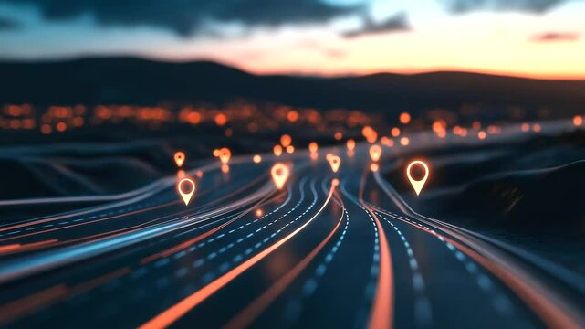A glowing timeline superimposed on a highway at dusk, where milestone markers indicate key turning points in business strategy, leading towards a bright, illuminated future.