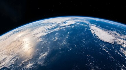 A breathtaking view of Earth from space showcases a vibrant blue ocean punctuated by swirling white clouds, with the sun's rays illuminating a portion of the atmosphere.