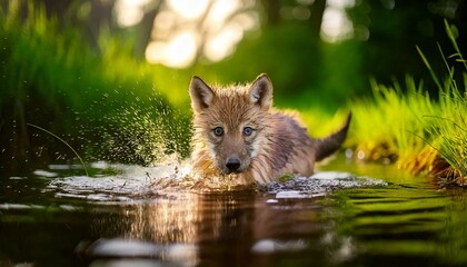 Naklejka premium Un juguetón híbrido de lobo-cachorro, con suave pelaje marrón dorado y brillantes ojos azules, explora un estanque poco profundo y cristalino, rodeado de exuberante hierba verde y un soleado bosque de