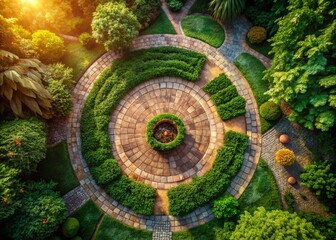 Fototapeta premium Aerial View: Ancient Stone Pathway & Circular Garden - Brown & Green Hues