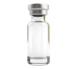 A clear glass bottle with a silver cap