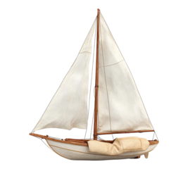 A white sailboat with a brown mast and a white sail