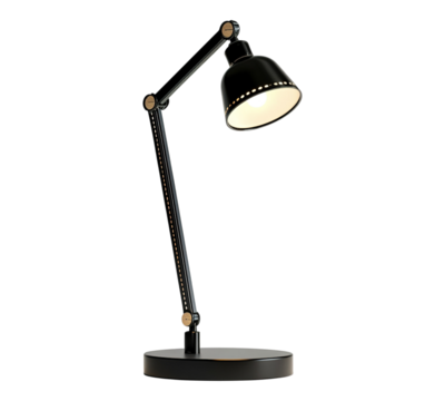 A black lamp with a white shade sits on a white background