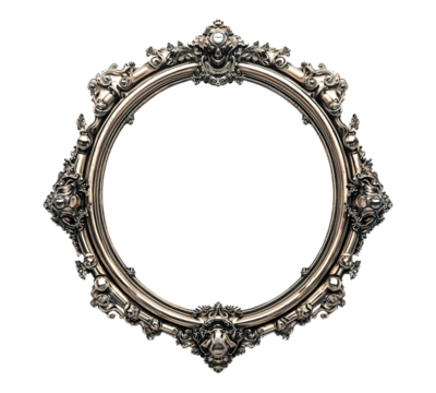 A gold framed oval with a design of animals on it