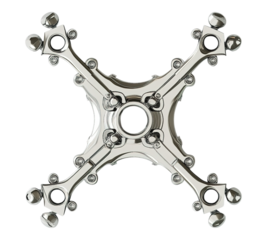 A silver metal piece with a square shape and many small holes