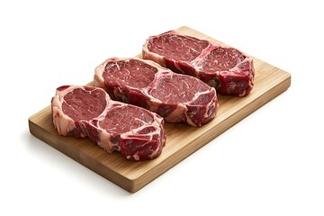 Obraz premium Beef steaks on a wooden board, isolated with a white background