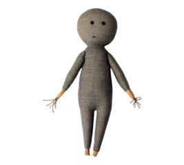 A gray stuffed animal with a sad expression