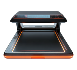 A black and orange device with a red border