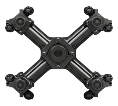 A black and white image of a machine with four wheels