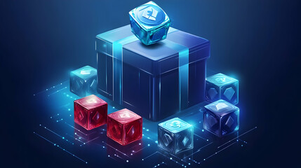 Futuristic digital gift box with luminous cubes on a circuit board backdrop