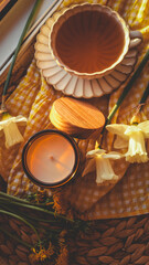 Flat lay of a cup of tea, candle, and fresh spring flowers on a yellow gingham cloth in warm sunlight. Cozy and bright morning mood with natural textures and soft details