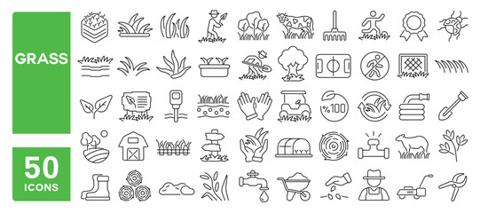 Set of 50 line icons related to grass, lawn, field, garden, landscape, grow, herb, pasture, turf, Editable stroke. Vector illustration