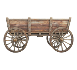A wooden wagon with two wheels and a wooden frame