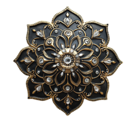 A gold and black flower shaped piece of jewelry with a lot of detail
