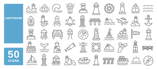 Set of 50 line icons related to lighthouse, tower, harbor, coast, navigation, sailing, seaport, shore light, beacon, Editable stroke. Vector illustration