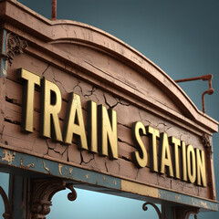 Obraz premium Vintage Train Station Sign: A beautifully detailed vintage train station sign, crafted with aged wood and elegant golden lettering, evokes nostalgia for classic travel and timeless destinations.
