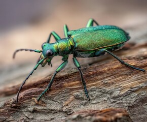 Musk beetle, Aromia moschata, a Eurasian species of longhorn beetle on the wood of a decaying tree
