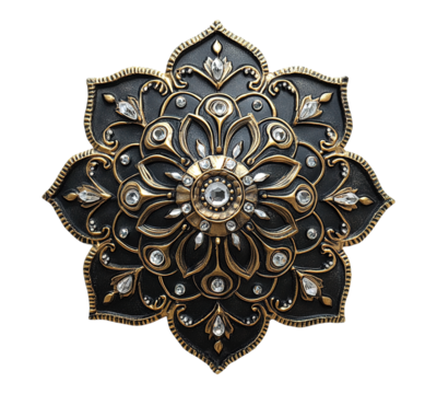 A gold and black flower shaped piece of jewelry with a lot of detail