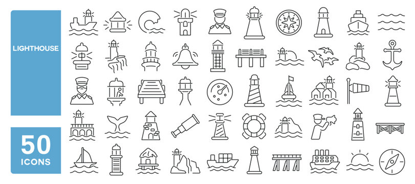 Set of 50 line icons related to lighthouse, tower, harbor, coast, navigation, sailing, seaport, shore light, beacon, Editable stroke. Vector illustration