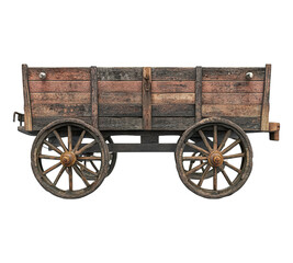 Fototapeta premium A wooden wagon with a rusty wheel sits on a white background