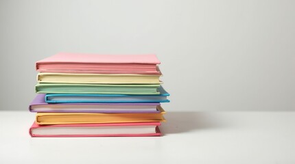 Back to school supplies colorful stacked notebooks on desk minimalist environment close-up view for learning essentials