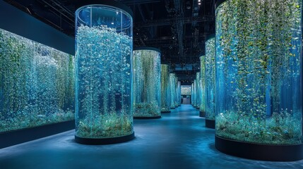 Serene underwater exhibit showcasing vibrant aquatic plants in cylindrical tanks, illuminated softly