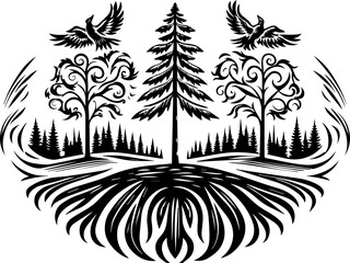 SVG visuals promoting environmental awareness and sustainable living. Nature Scene with Trees and Birds on Deforested Landscape Design