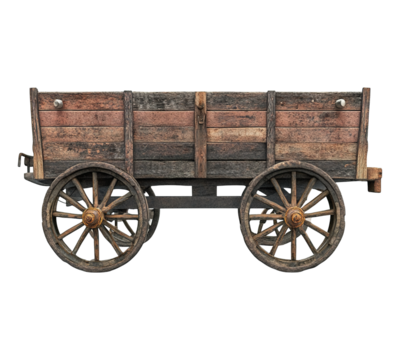 A wooden wagon with a rusty wheel sits on a white background