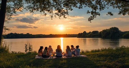 Group of friends enjoying a sunset picnic by the lakeside, surrounded by nature's beauty