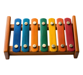 A wooden xylophone with six colored keys