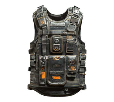 A black vest with orange straps and pockets