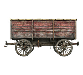 A wooden wagon with a red top and wooden wheels