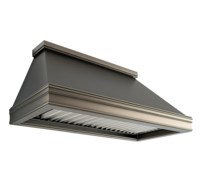 A black and silver hooded vent with a gold trim