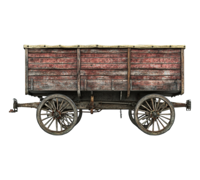 A wooden wagon with a red top and wooden wheels