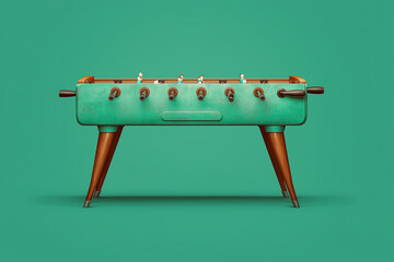 vintage turquoise foosball table with wooden legs on solid green background creating a bold and nostalgic recreational design concept