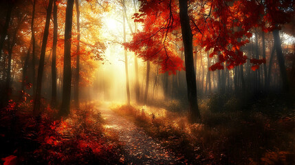 Obraz premium Sunlit path through a majestic autumn forest with radiant foliage and fog