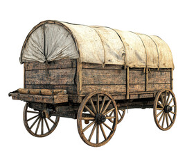 A wooden wagon with a white tarp on top