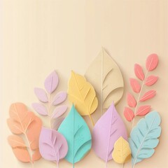 3D paper-cut style pastel-colored leaves on a beige background, vector illustration, flat design.