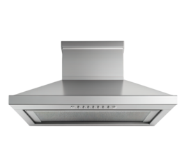 A silver vent hood with a mesh screen