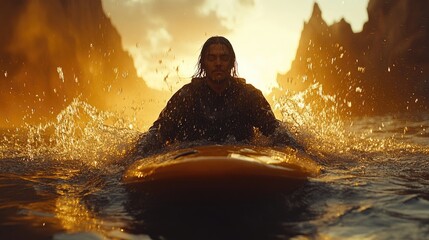 Obraz premium Surfer in golden sunset waves