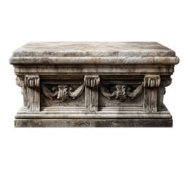 A stone bench with a carved design on it