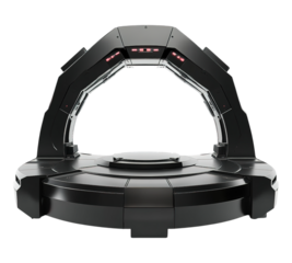 A futuristic looking black object with red lights