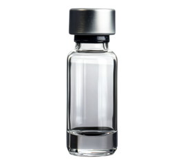 A clear glass bottle with a silver cap