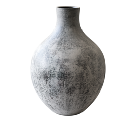A large, grey vase sits on a white background