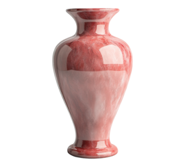 A red vase with a white base sits on a white background