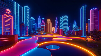 Futuristic cityscape illuminated with vibrant neon lights displaying modernity
